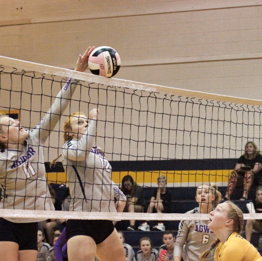 Alyssa Hames of AGWSR goes up to spike the ball as North Butler’s Cassidy Staudt looks to cover on the other side of the net during this five-set match last week at Greene. (Kristi Nixon/Hampton Chronicle)